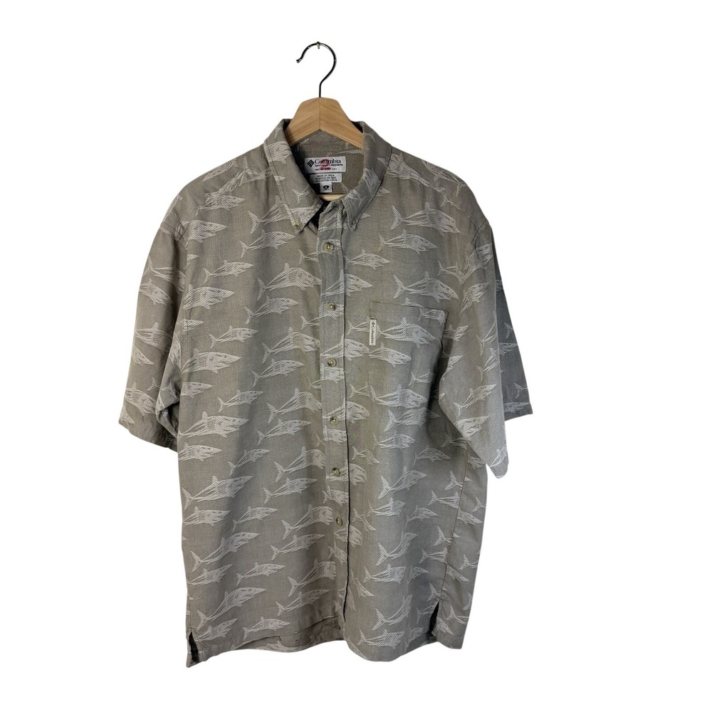 Columbia Mens  Beige Hawaiian Tropical Shark Print Button Down Cotton Shirt M